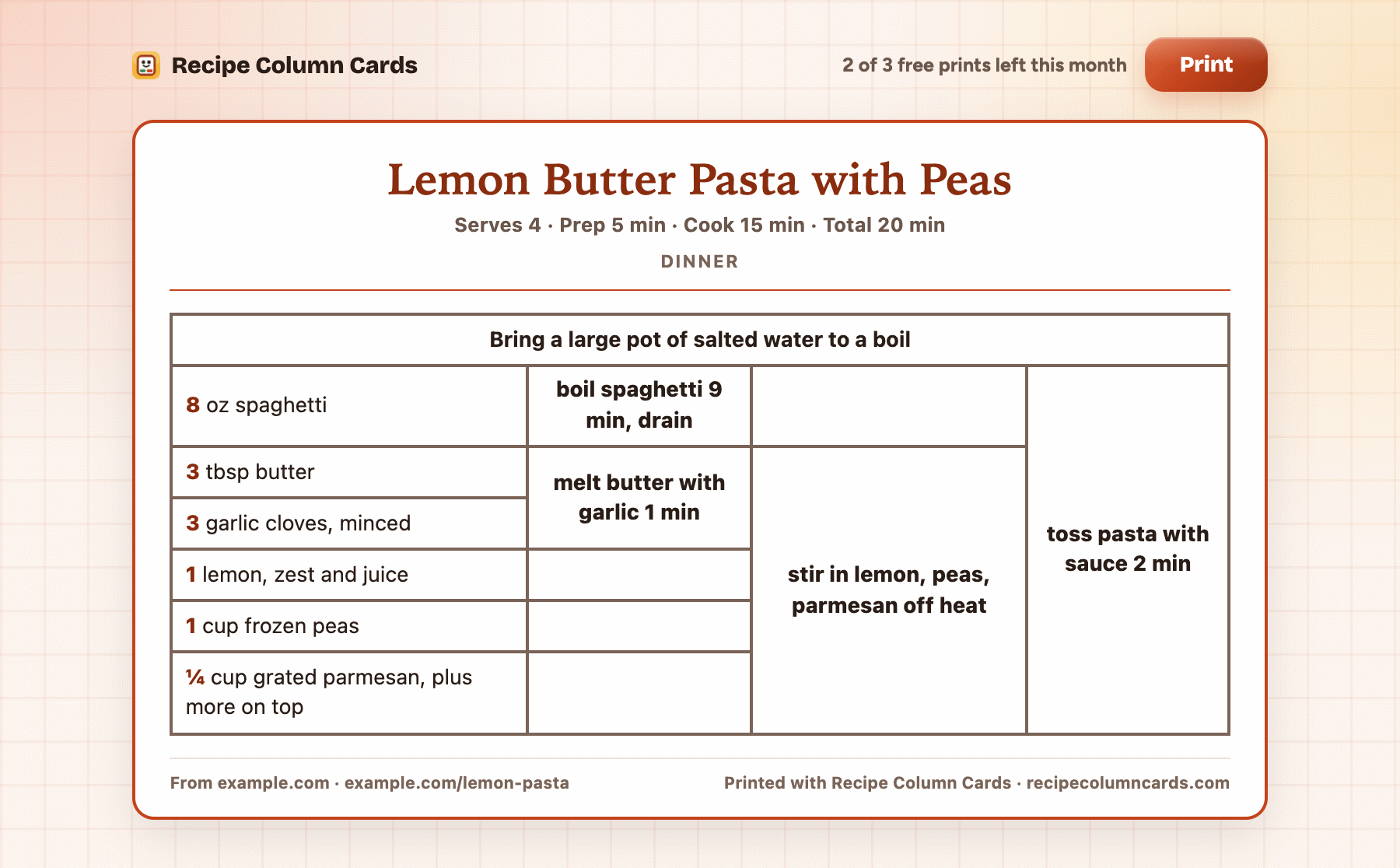 A Recipe Column Cards grid card for lemon butter pasta with peas. The ingredients run down the left side and the steps, boil spaghetti 9 min drain, melt butter with garlic 1 min, stir in lemon peas and parmesan off heat, and toss pasta with sauce 2 min, run across to the right
