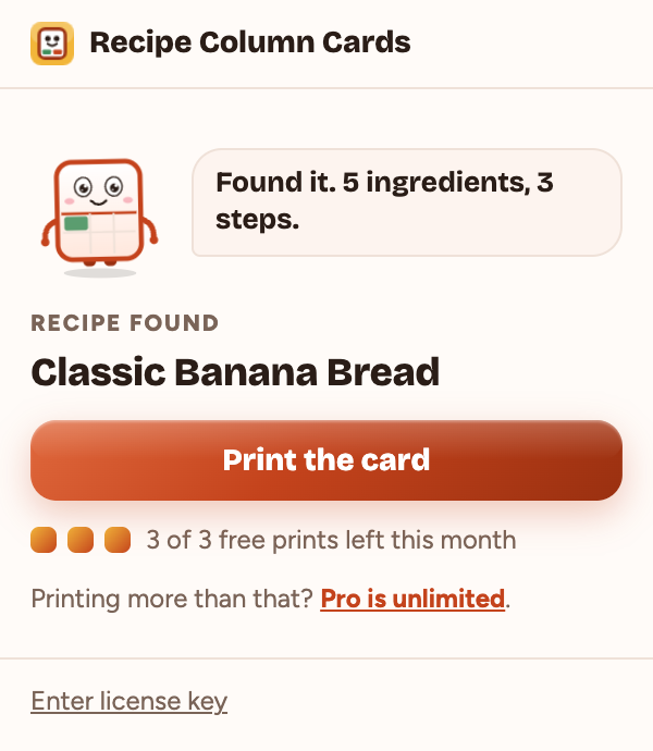 The Recipe Column Cards window with The Card mascot saying Found it, 5 ingredients, 3 steps, then Recipe Found, the title Classic Banana Bread, a Print the card button, and the line 3 of 3 free prints left this month
