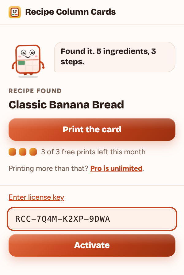 The Recipe Column Cards window with the license key box open, a sample key typed into it, and an Activate button below