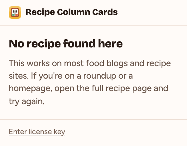 The Recipe Column Cards window showing No recipe found here, with advice to open the full recipe page and try again